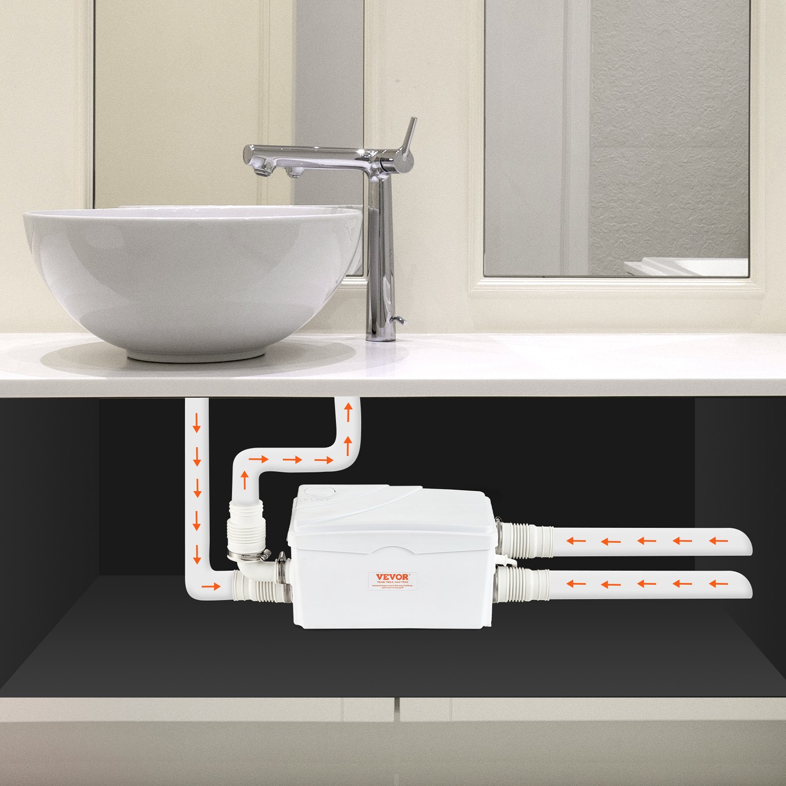 VEVOR Bomba Maceradora, 350 W, Flujo de 6000 L/h, Cabezal 7 m, Bomba Maceradora para Eliminación de Aguas Residuales con 3 Entradas de Agua para Sótano, Cocina, Fregadero, Ducha, Bañera