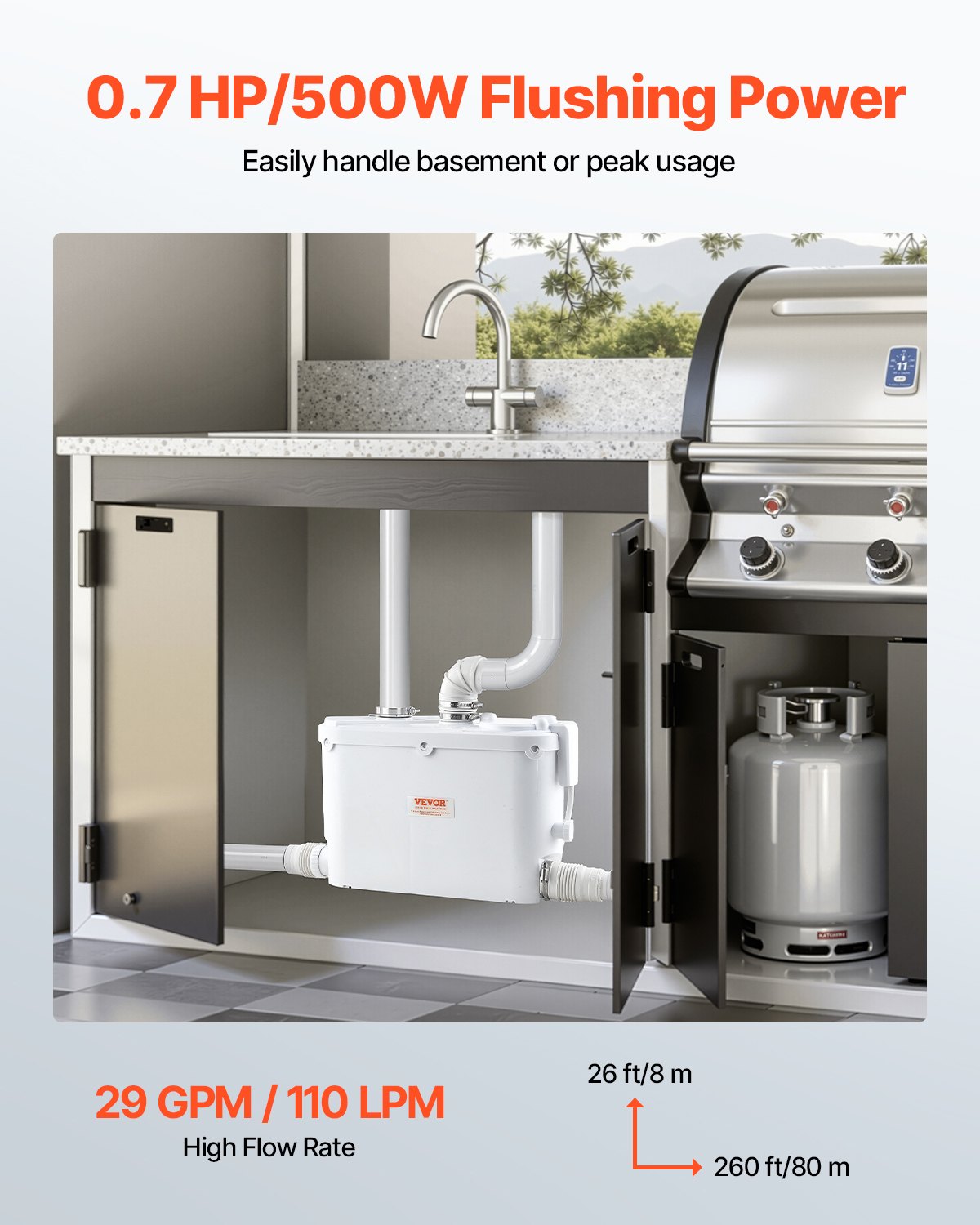 VEVOR 500 W Bomba Trituradora de 420 x 140 x 270 mm con 4 Entradas de Agua, Caudal de 29 GPM, Altura de 8 m, Máquina de Descarga Ascendente para Eliminación de Aguas Residuales para Cocina, Bañera