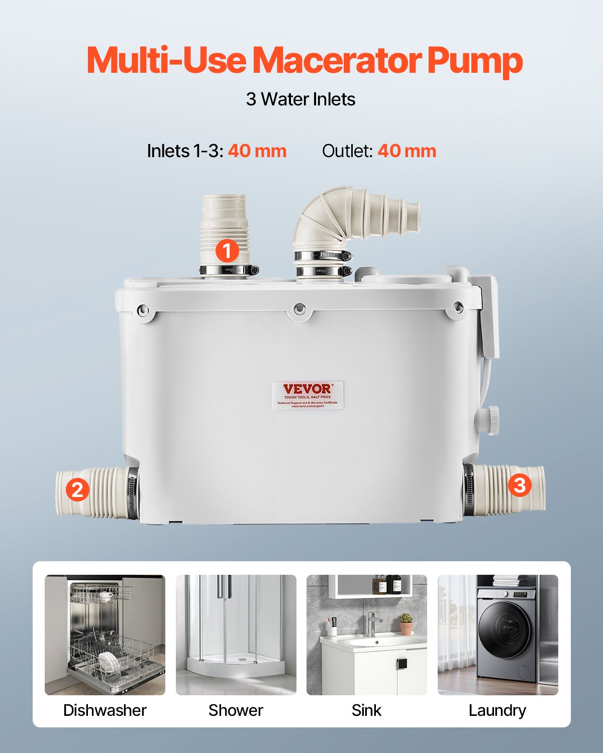 VEVOR 500 W Bomba Trituradora de 420 x 140 x 270 mm con 4 Entradas de Agua, Caudal de 29 GPM, Altura de 8 m, Máquina de Descarga Ascendente para Eliminación de Aguas Residuales para Cocina, Bañera