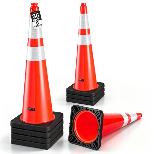 VEVOR Cono de Seguridad de PVC 915 mm Paquete de 8 Piezas Cono de Tráfico, Multiusos para Control de Multitudes, Emergencia, Construcción, Estacionamiento, Alta Visibilidad, Apilable, Reflectante