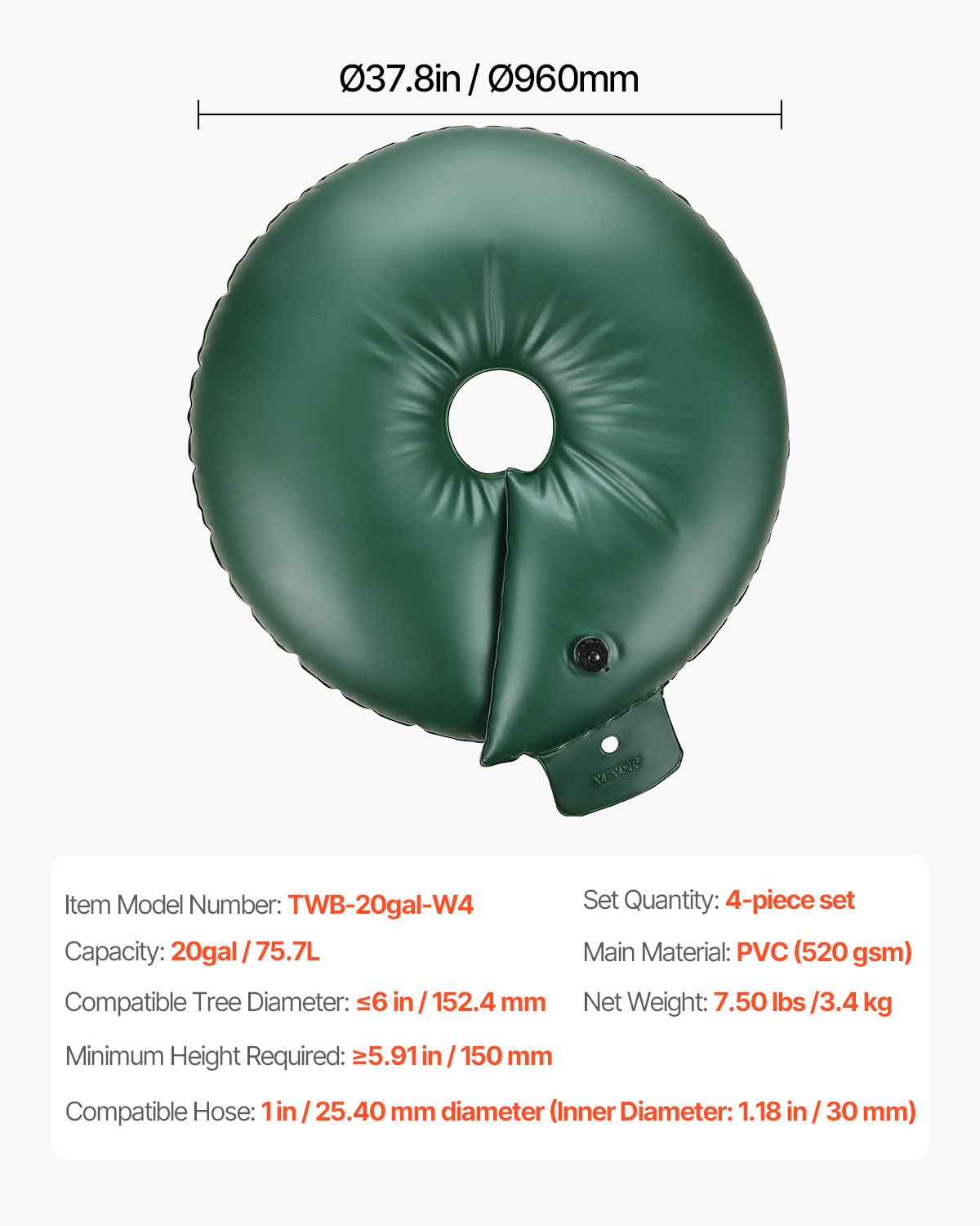 VEVOR Tree Watering Rings, Set of 4, 75.7L Tree Watering Bags, 6-9 Hour Slow Release, Watering Bag, Irrigation System for Drip Irrigation of Shrubs & Tree Roots