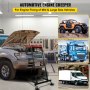 VEVOR topside creeper en un garaje con coches y camiones para reparación de motores.