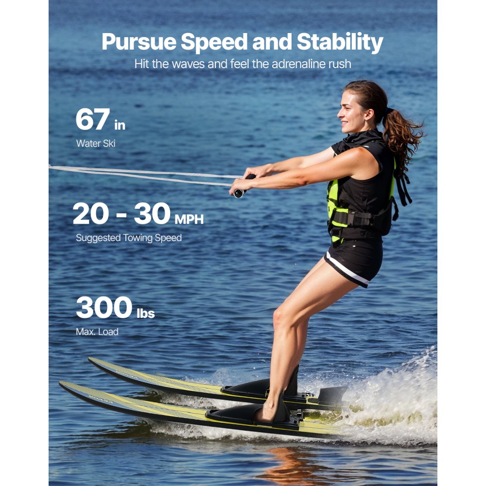 VEVOR water skis (1702 mm) with X-9 adjustable horseshoe bindings & padded rear toe plate, high-gloss UV coating, water ski combination for adults up to 136 kg