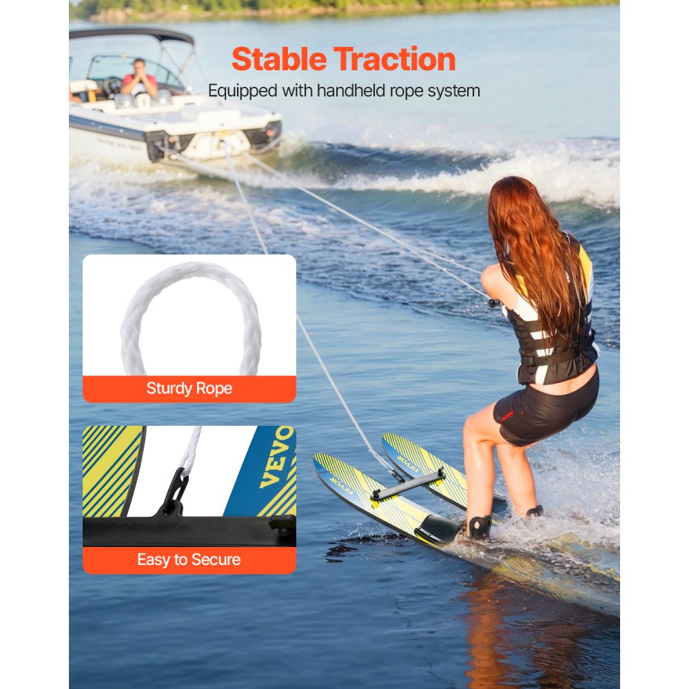VEVOR Esquís Acuáticos 116,8 cm, Equipo de Entrenamiento con Fijaciones Ajustables X-7, Cuerda de Doble Agarre y Barra Estabilizadora Extraíble, para Jóvenes de hasta 136 kg, 1168,4 x 168 x 18 mm