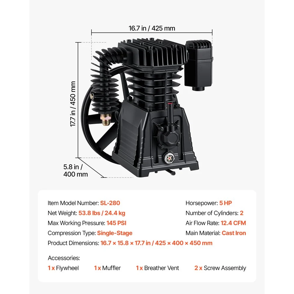 VEVOR Air Compressor Pump Head, 3.73 kW 351 L/min, Twin-Cylinder Oil-Lubricated Air Compressor Piston Pump Head, Single-Stage Cast Iron Replacement Head with Max 10 Bar Pressure for Woodworking Auto Repair