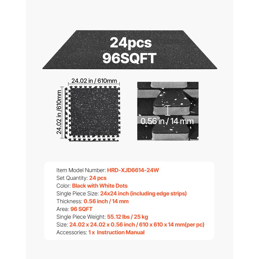 VEVOR Esterilla Puzzle 24 Piezas de 610 x 610 x 14 mm, Suelo Gimnasio de Goma EVA Alta Densidad, Colchoneta de Ejercicios con Puntos Blancos Antideslizante Antigolpe Antiruido para Equipo Pesado, Casa