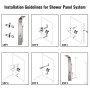 Pasos 1 a 6 de instalación del sistema de torre de paneles VEVOR para la configuración del panel de ducha.