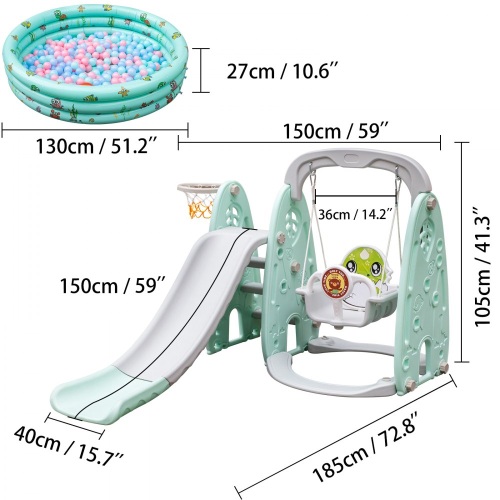 Columpio Tobogán Infantil Combinación de Costado, Columpio y Piscina de Bolas 5 en 1 Color Verde