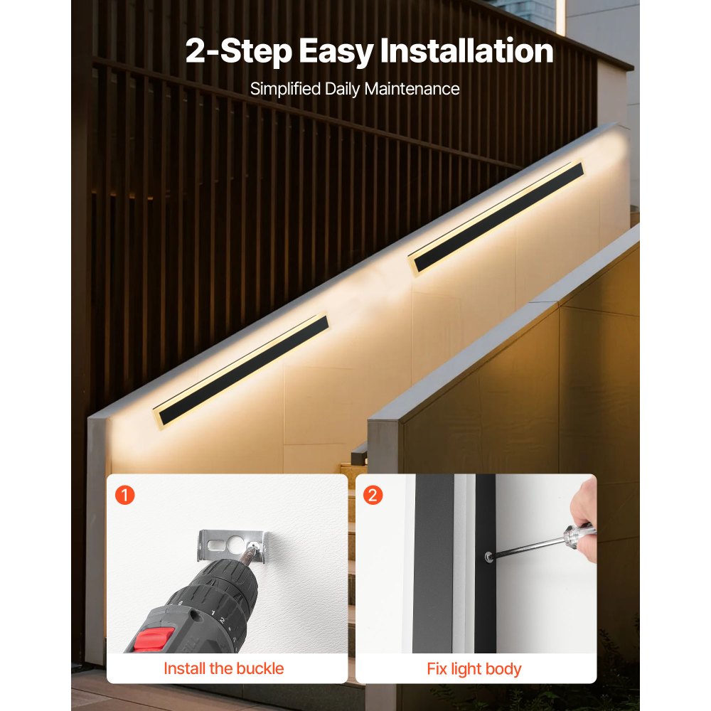 VEVOR Outdoor Wall Lights, 2 Pack, 800 mm Long Strip Modern Exterior Wall Sconce Light Fixtures, 3000K Warm White, IP65 Waterproof Anti-Rust Outside Wall Mount Lighting, for House, Porch, Garage