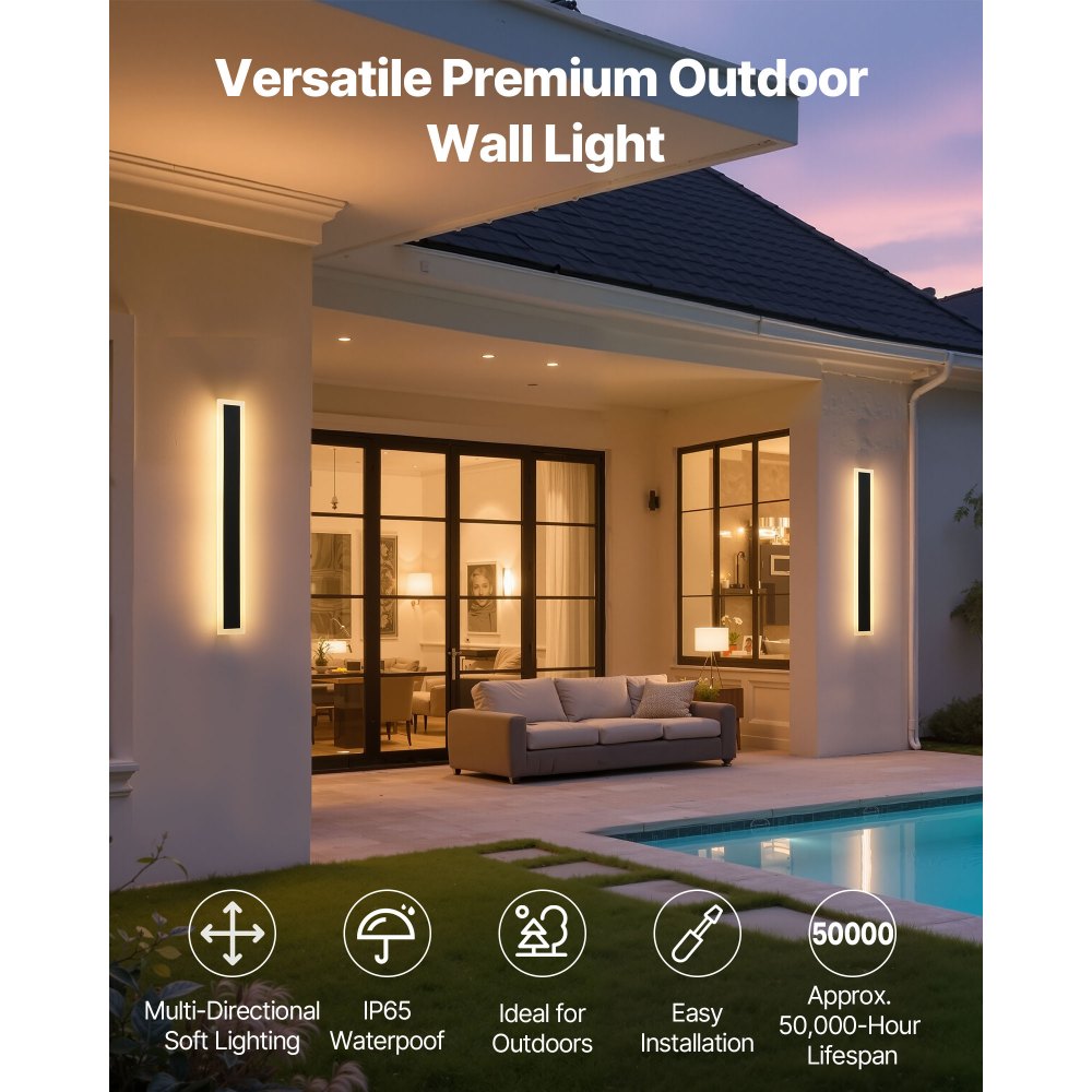 VEVOR Apliques de Pared de Exterior, 2 Piezas, Tira Larga de 600 x 80 x 50 mm, Apliques de Pared Modernos, Ajustable 2700 K-6000 K, IP65 Resistente al Agua, Antioxidante, para Patio, Casa, Porche