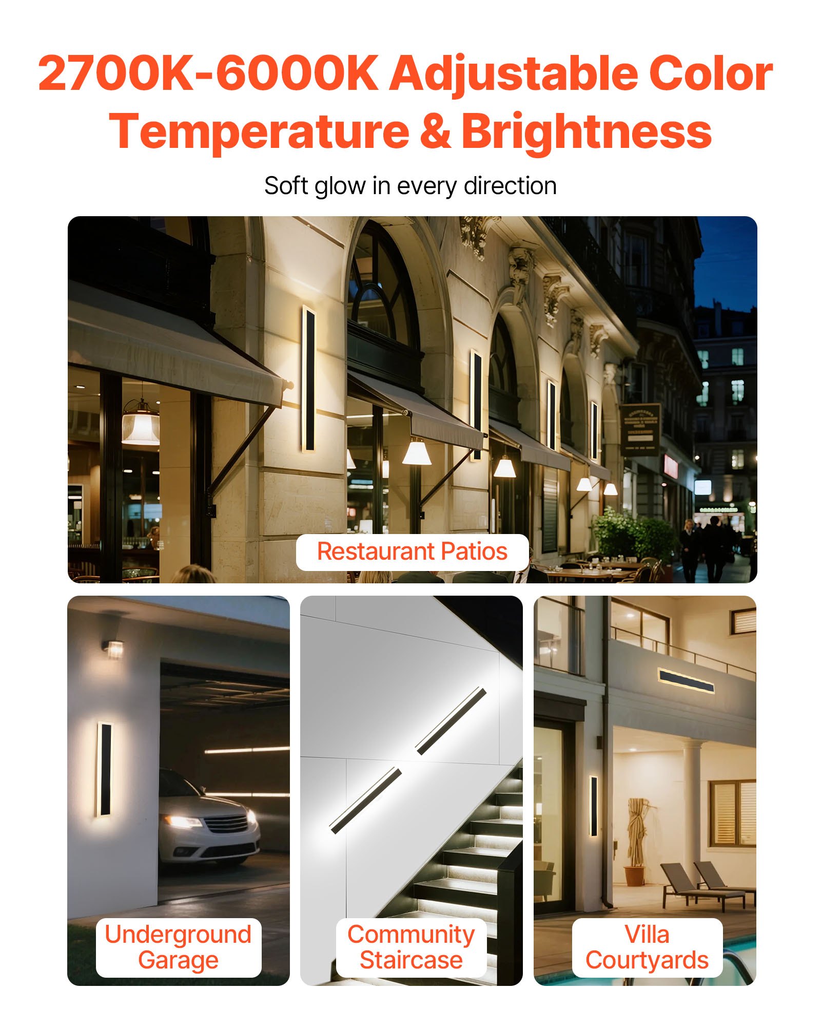 VEVOR Apliques de Pared de Exterior, 2 Piezas, Tira Larga de 600 x 80 x 50 mm, Apliques de Pared Modernos, Ajustable 2700 K-6000 K, IP65 Resistente al Agua, Antioxidante, para Patio, Casa, Porche