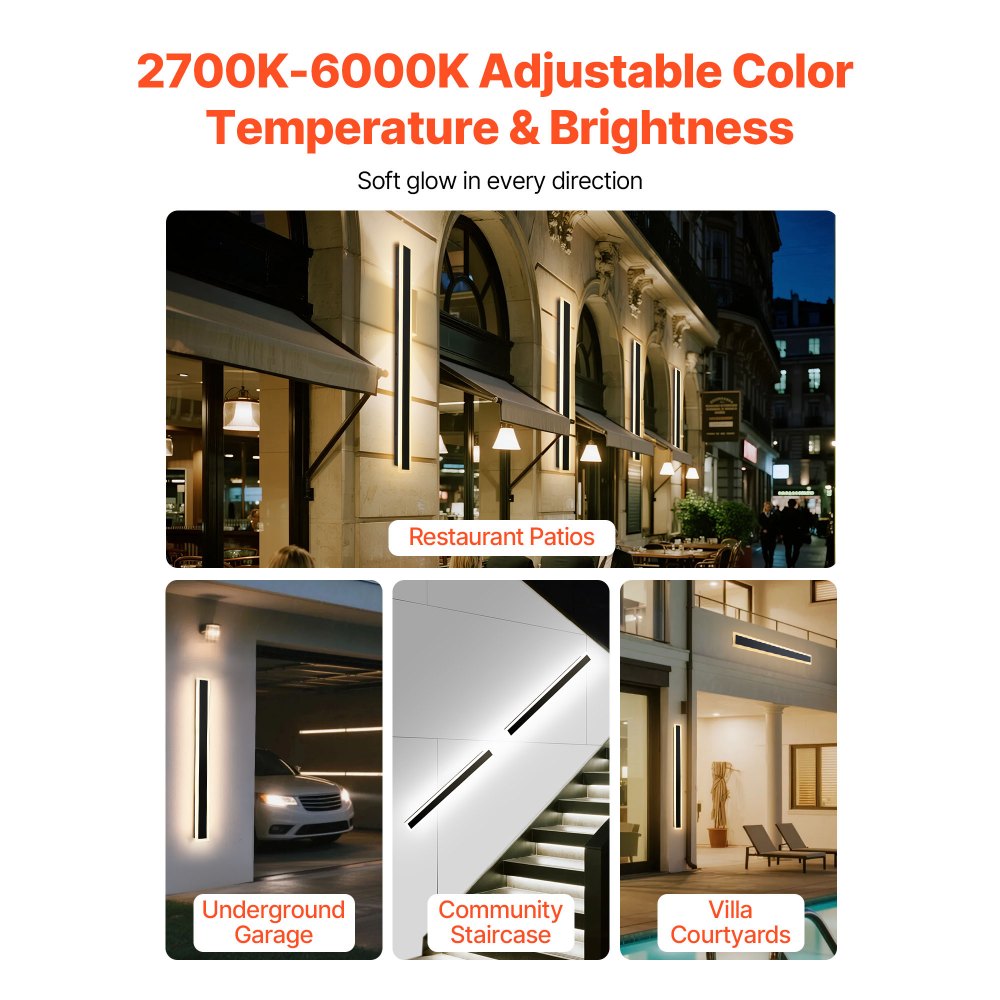 VEVOR Outdoor Wall Lights, 2 Pack, 1000 mm Long Strip Modern Exterior Wall Sconce Light Fixtures, 2700K-6000K, IP65 Waterproof Anti-Rust, Dimmable Outside Wall Mount Lighting, for House Porch Garage