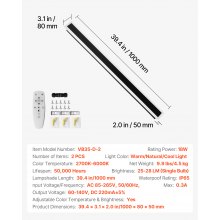 VEVOR Apliques de Pared de Exterior, 2 Piezas, Tira Larga de 1000 x 80 x 50 mm, Apliques de Pared Modernos, Ajustable 2700 K-6000 K, IP65 Resistente al Agua, Antioxidante, para Patio, Casa, Porche
