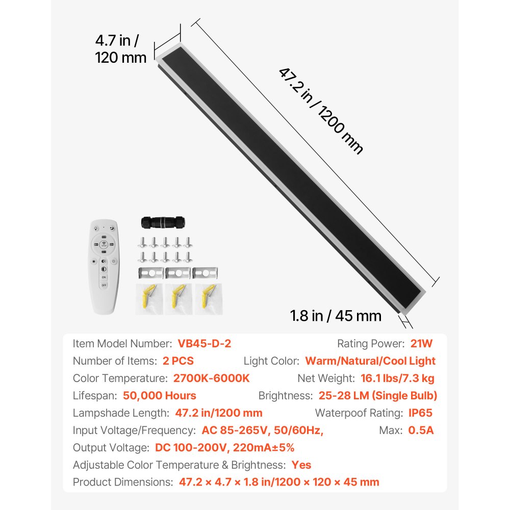 VEVOR Apliques de Pared de Exterior, 2 Piezas, Tira Larga de 1200 x 120 x 45 mm, Apliques de Pared Modernos, Ajustable 2700 K-6000 K, IP65 Resistente al Agua, Antioxidante, para Patio, Casa, Porche
