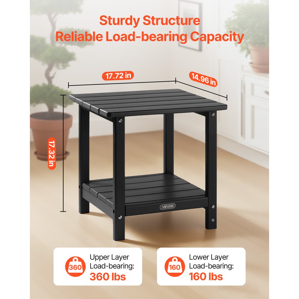 VEVOR Outdoor Side Table, 450W x 380D x 440H mm, Double Layer HDPE Outside End Table for Easy Maintenance, Withstand Harsh Weather, Fit for Patio, Pool, Beach, Porch, Indoor, Backyard, Black