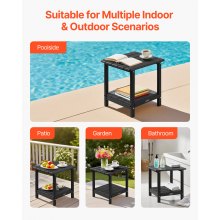 VEVOR Mesa Auxiliar de Exterior de HDPE 45 x 38 x 44 cm, Mesita Baja de Jardín de 2 Niveles, Mesa de Centro Multiuso Robusto y Estable para Terraza, Piscina, Playa, Porche, Interior, Exterior, Negro