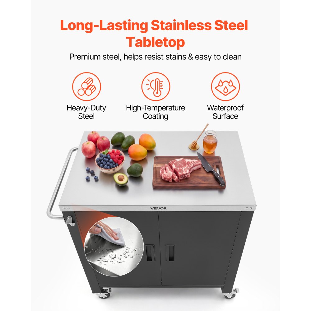 VEVOR Mesa de Barbacoa 101,5 x 61 x 91,5 cm Tablero de Acero Inoxidable, Carrito para Parrilla con Toallero, Especiero, Ganchos, Con Armario de Almacenamiento, Para Jardín, Bar, Zona de Barbacoa