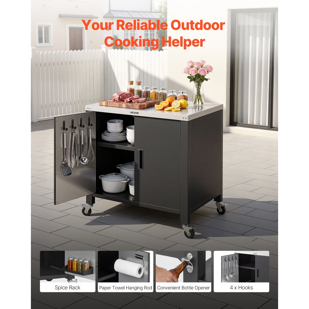 VEVOR Mesa de Barbacoa 101,5 x 61 x 91,5 cm Tablero de Acero Inoxidable, Carrito para Parrilla con Toallero, Especiero, Ganchos, Con Armario de Almacenamiento, Para Jardín, Bar, Zona de Barbacoa