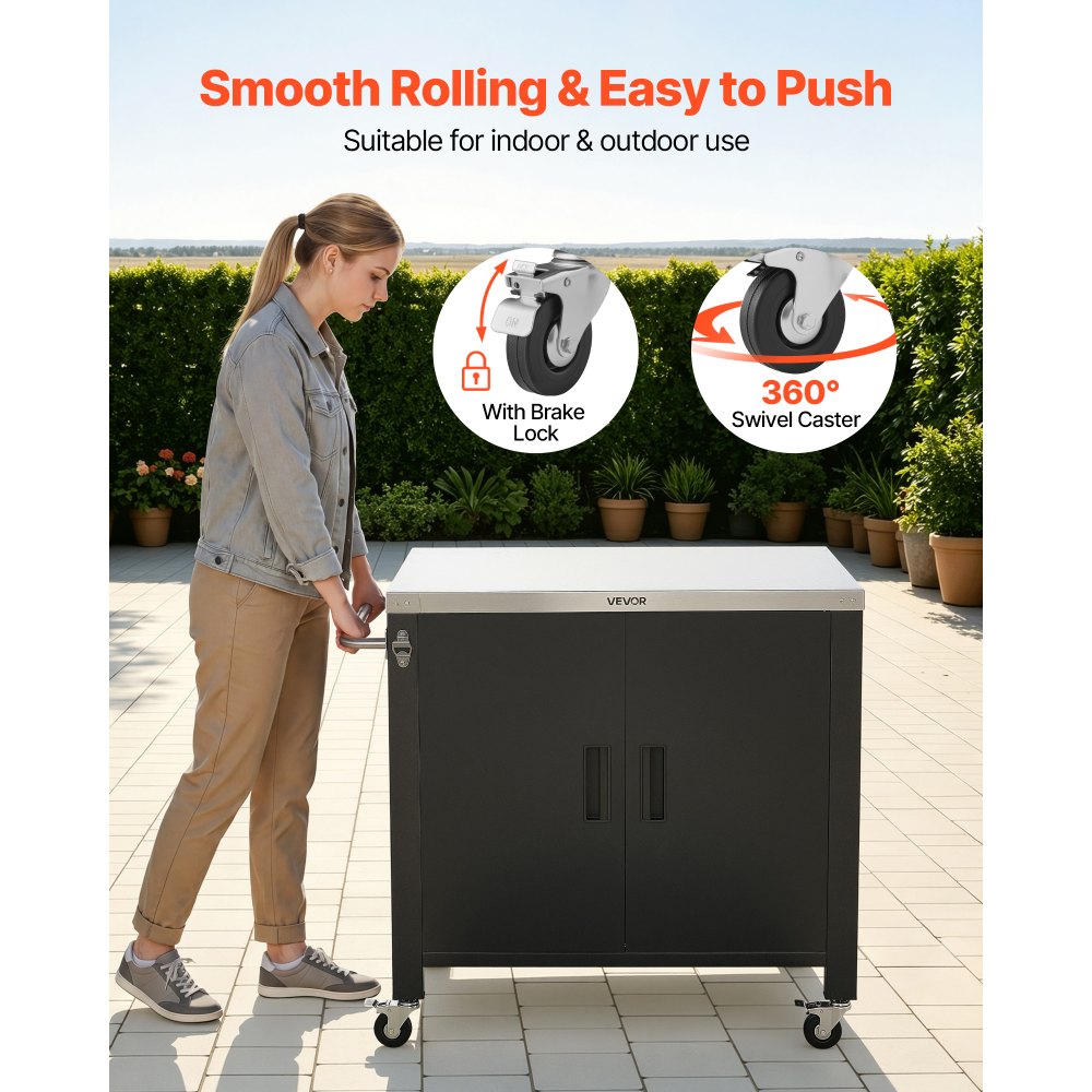 VEVOR Mesa de Barbacoa 101,5 x 61 x 91,5 cm Tablero de Acero Inoxidable, Carrito para Parrilla con Toallero, Especiero, Ganchos, Con Armario de Almacenamiento, Para Jardín, Bar, Zona de Barbacoa