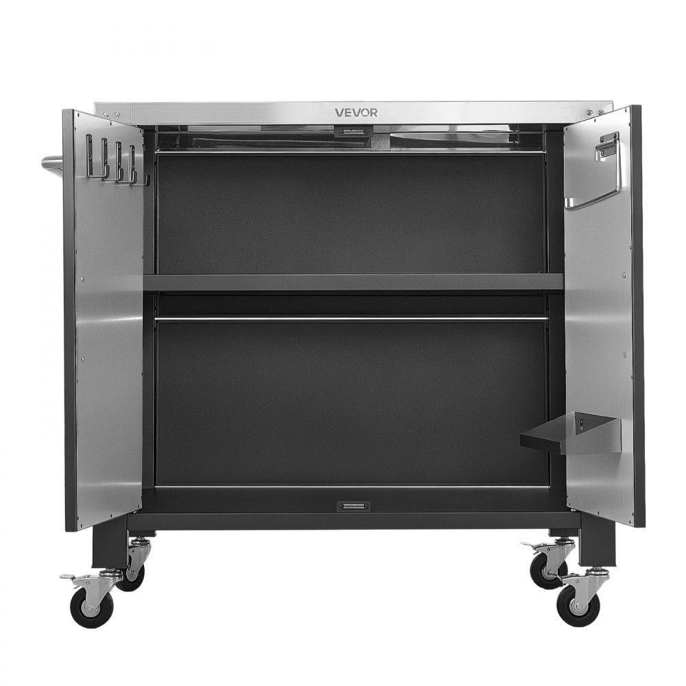 VEVOR Mesa de Barbacoa 101,5 x 61 x 91,5 cm Tablero de Acero Inoxidable, Carrito para Parrilla con Toallero, Especiero, Ganchos, Con Armario de Almacenamiento, Para Jardín, Bar, Zona de Barbacoa