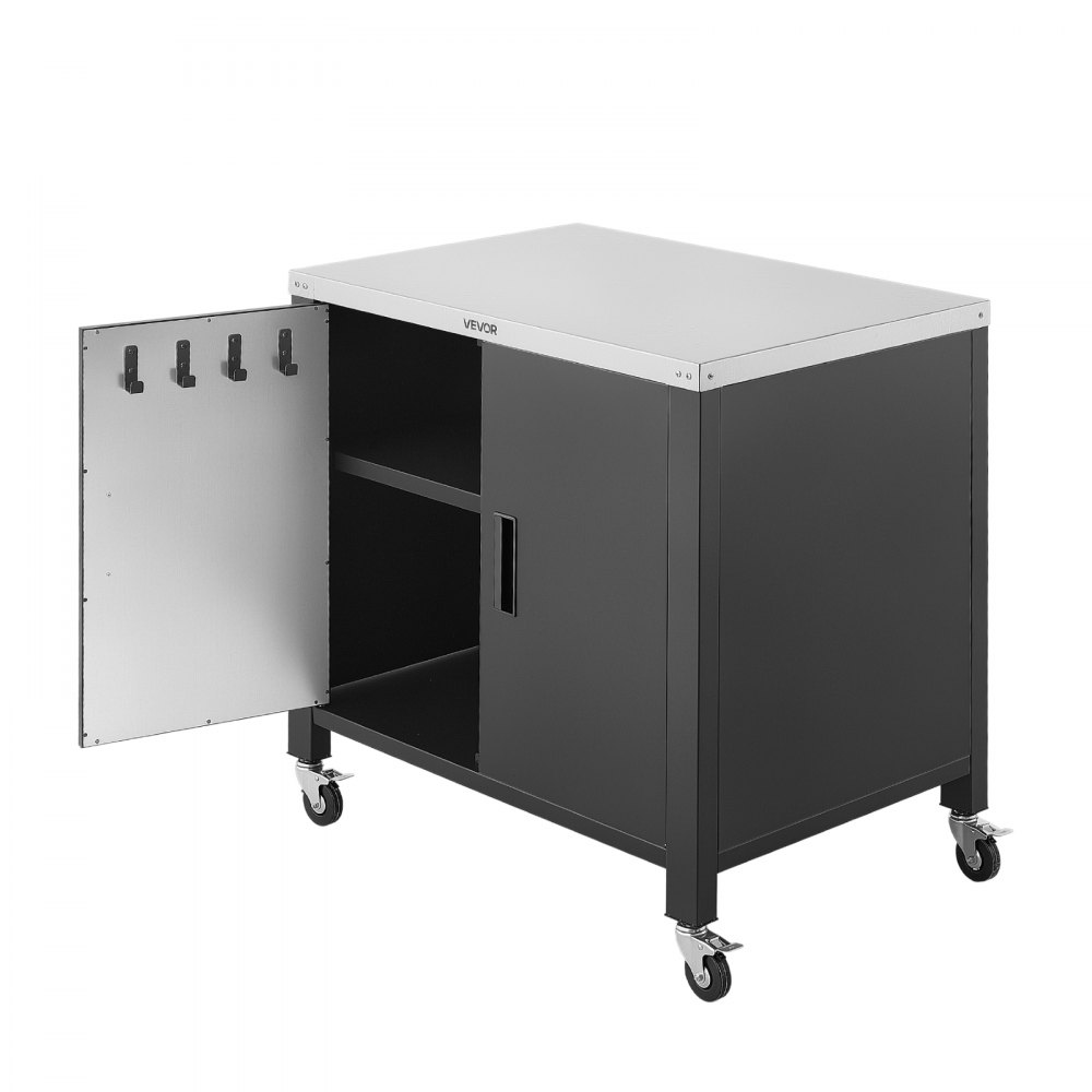 VEVOR Mesa de Barbacoa 101,5 x 61 x 91,5 cm Tablero de Acero Inoxidable, Carrito para Parrilla con Toallero, Especiero, Ganchos, Con Armario de Almacenamiento, Para Jardín, Bar, Zona de Barbacoa
