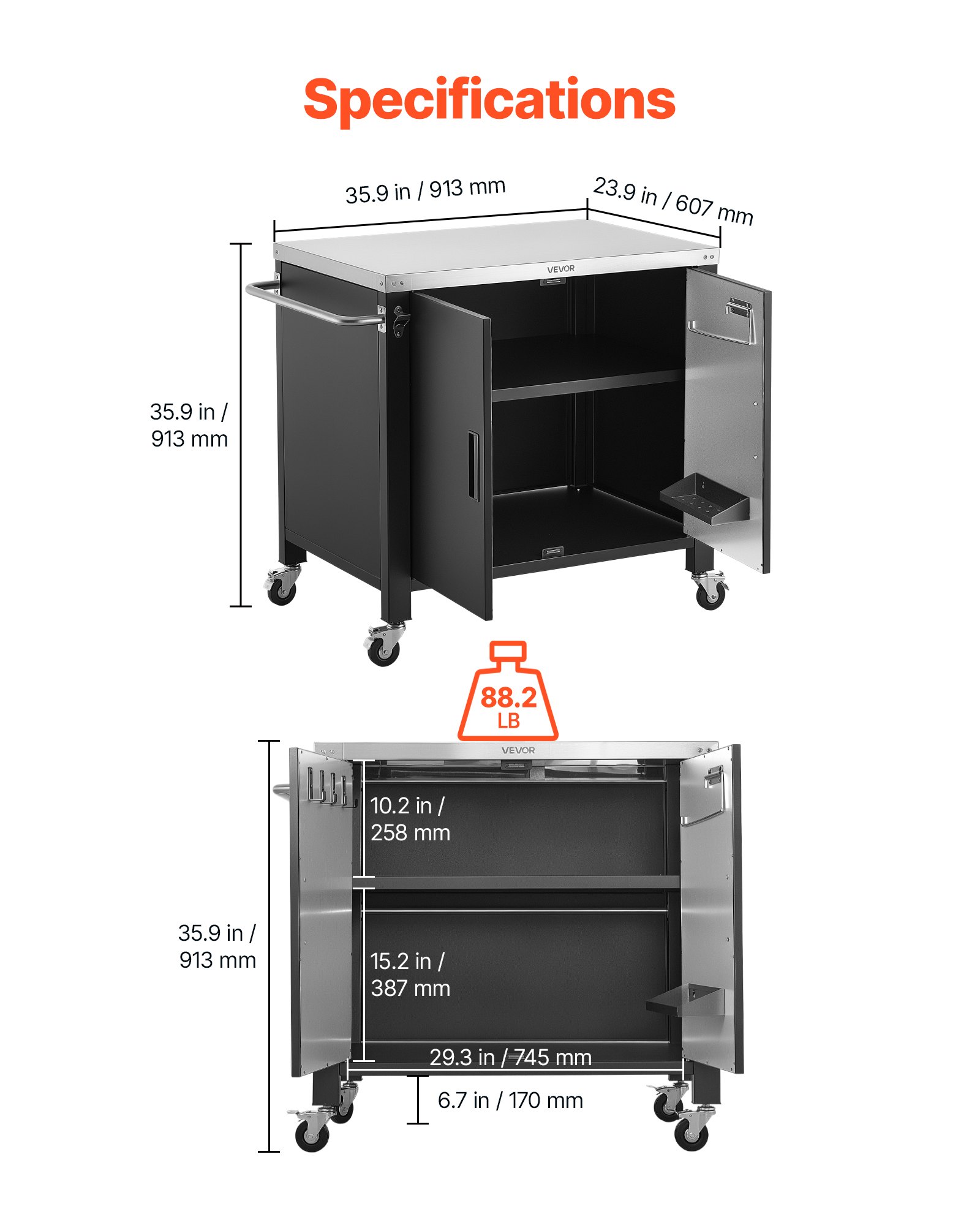 VEVOR Mesa de Barbacoa 101,5 x 61 x 91,5 cm Tablero de Acero Inoxidable, Carrito para Parrilla con Toallero, Especiero, Ganchos, Con Armario de Almacenamiento, Para Jardín, Bar, Zona de Barbacoa