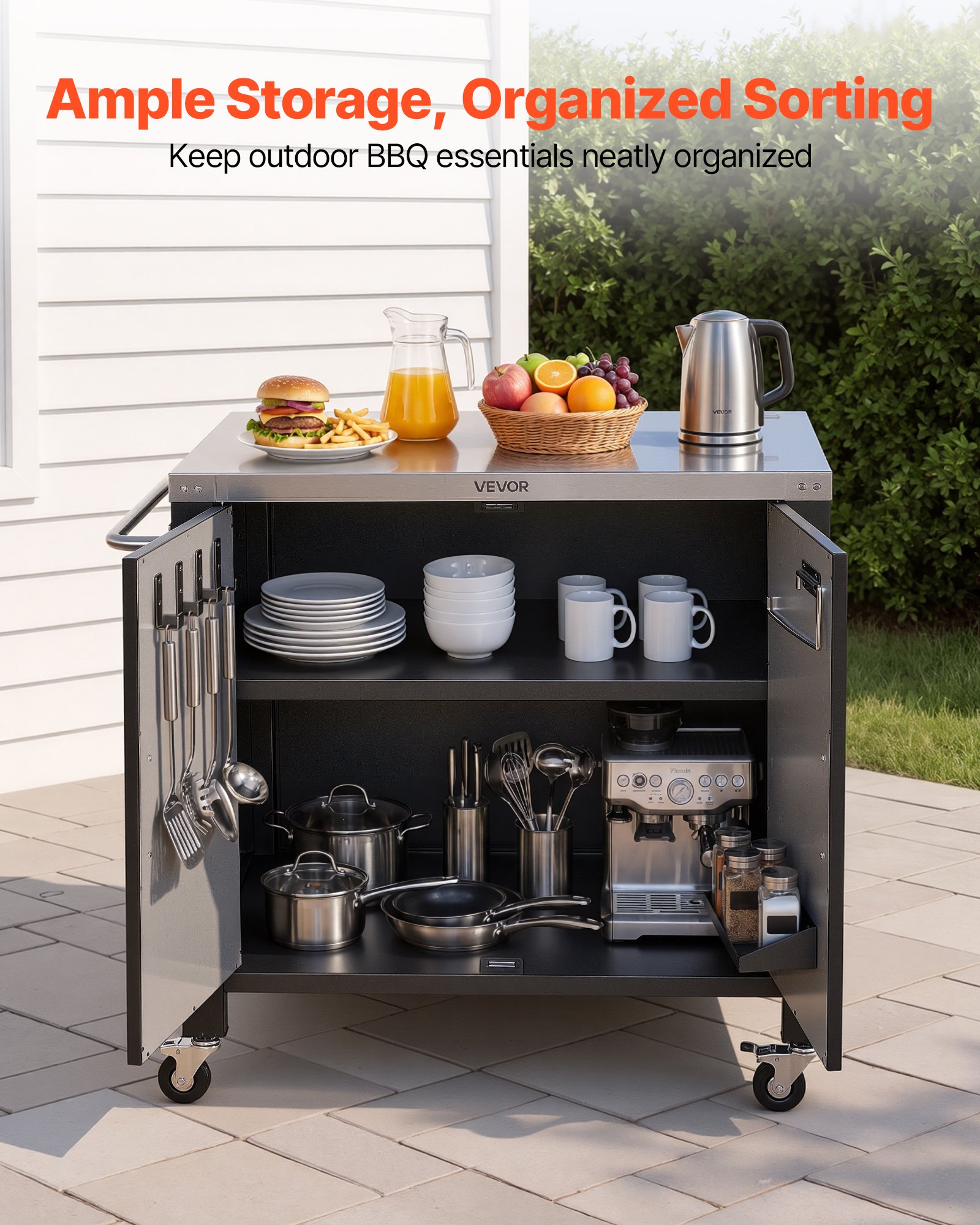 VEVOR Mesa de Barbacoa 101,5 x 61 x 91,5 cm Tablero de Acero Inoxidable, Carrito para Parrilla con Toallero, Especiero, Ganchos, Con Armario de Almacenamiento, Para Jardín, Bar, Zona de Barbacoa