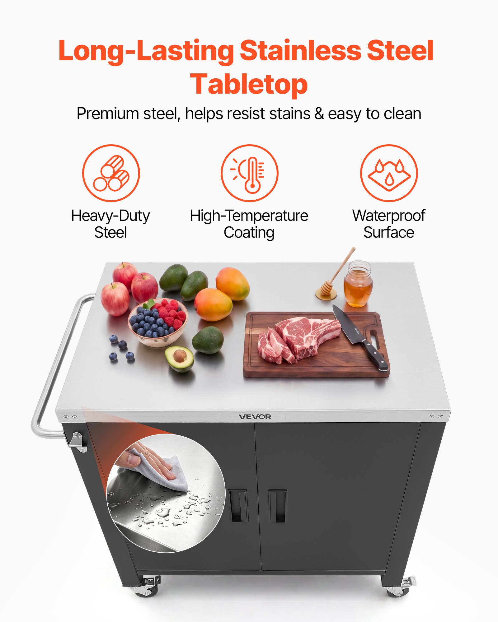 VEVOR Mesa de Barbacoa 101,5 x 61 x 91,5 cm Tablero de Acero Inoxidable, Carrito para Parrilla con Toallero, Especiero, Ganchos, Con Armario de Almacenamiento, Para Jardín, Bar, Zona de Barbacoa