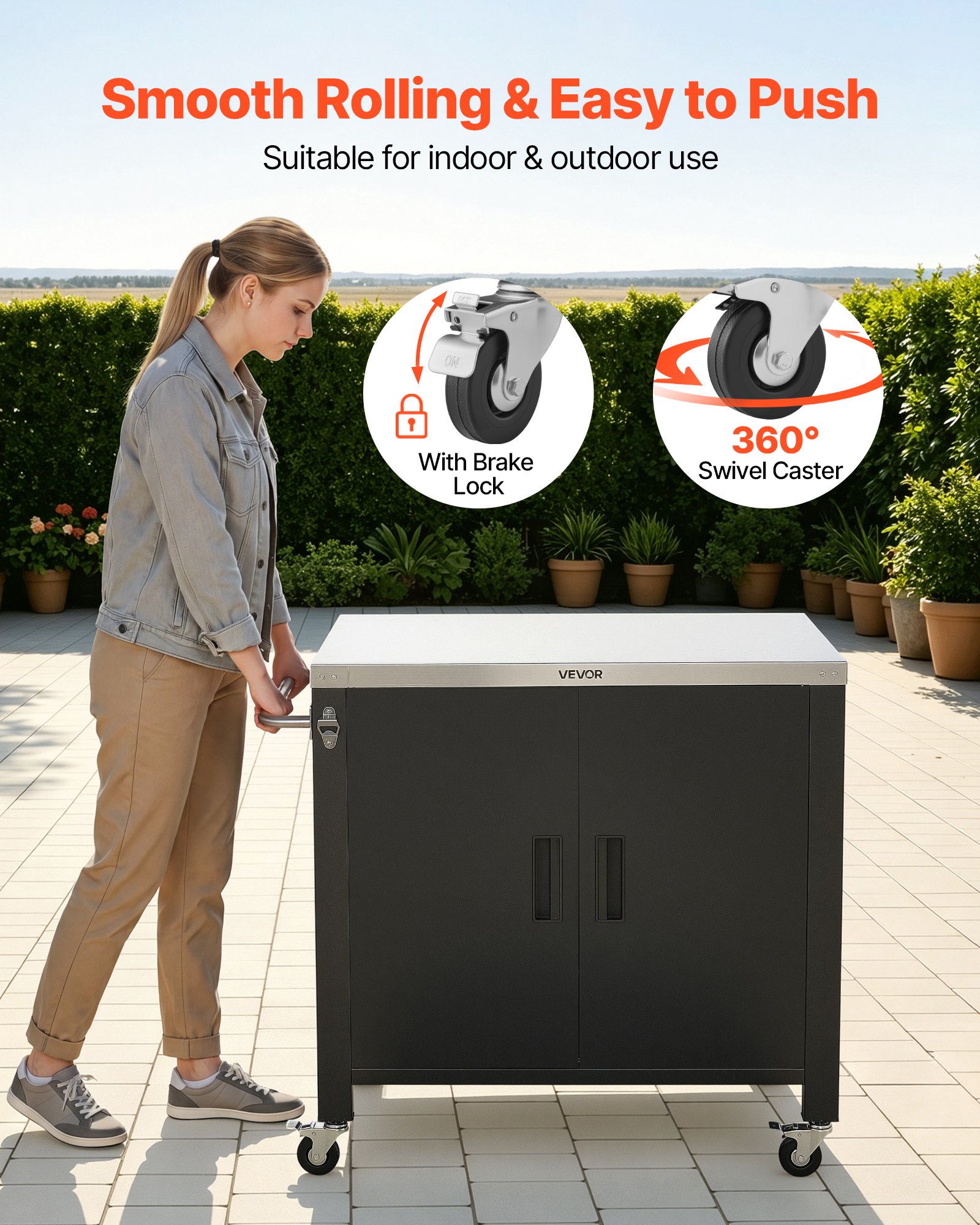 VEVOR Mesa de Barbacoa 101,5 x 61 x 91,5 cm Tablero de Acero Inoxidable, Carrito para Parrilla con Toallero, Especiero, Ganchos, Con Armario de Almacenamiento, Para Jardín, Bar, Zona de Barbacoa