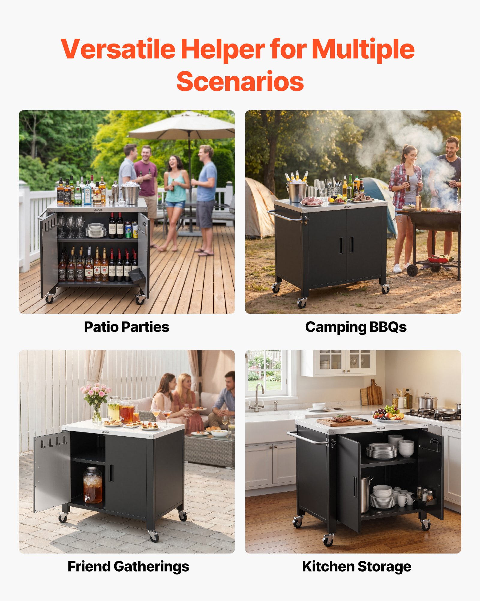 VEVOR Mesa de Barbacoa 101,5 x 61 x 91,5 cm Tablero de Acero Inoxidable, Carrito para Parrilla con Toallero, Especiero, Ganchos, Con Armario de Almacenamiento, Para Jardín, Bar, Zona de Barbacoa