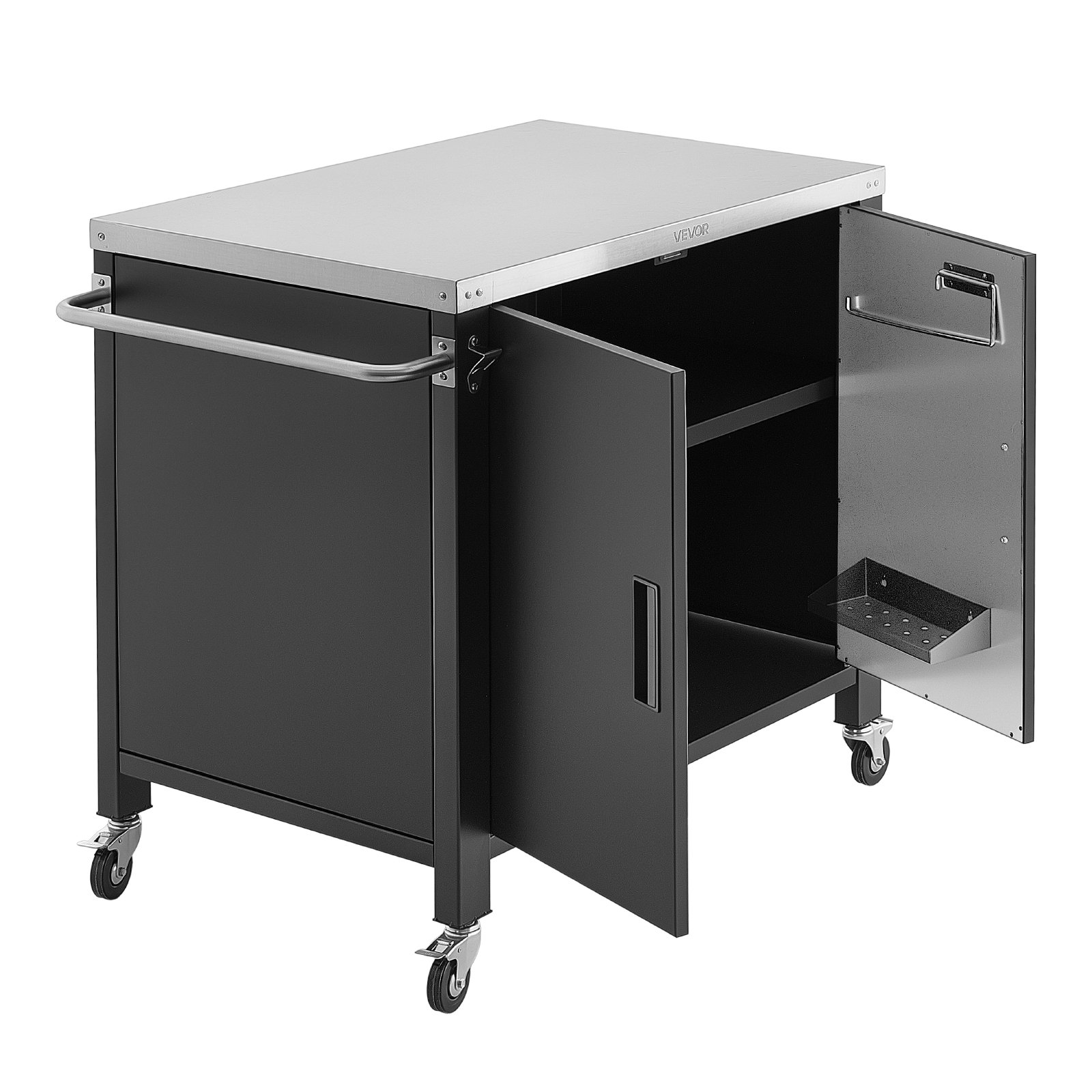 VEVOR Mesa de Barbacoa 101,5 x 61 x 91,5 cm Tablero de Acero Inoxidable, Carrito para Parrilla con Toallero, Especiero, Ganchos, Con Armario de Almacenamiento, Para Jardín, Bar, Zona de Barbacoa