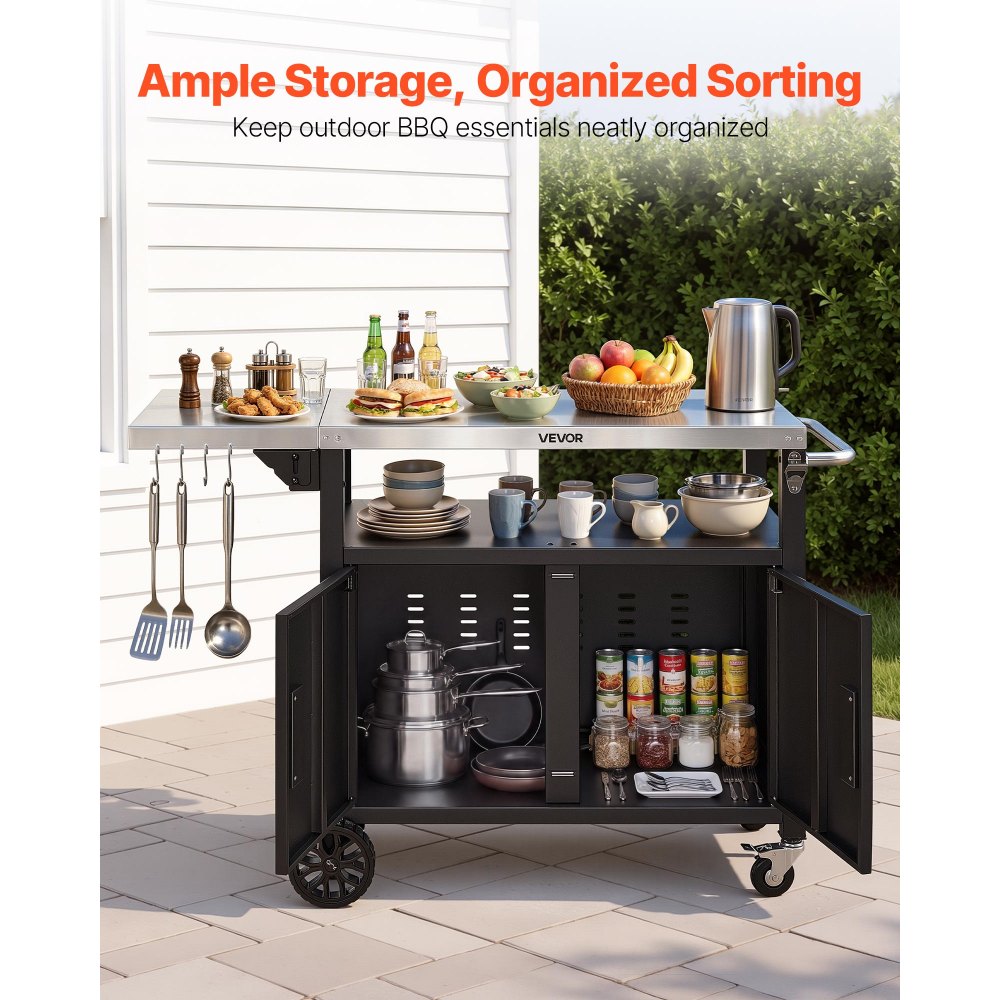 VEVOR Mesa de Barbacoa 1241 x 445 x 818 mm Tablero de Acero Inoxidable, Carrito de Cocina con Ruedas, Con Armario de Almacenamiento, Con Abridor de Botellas, Para Jardín, Bar, Zona de Barbacoa