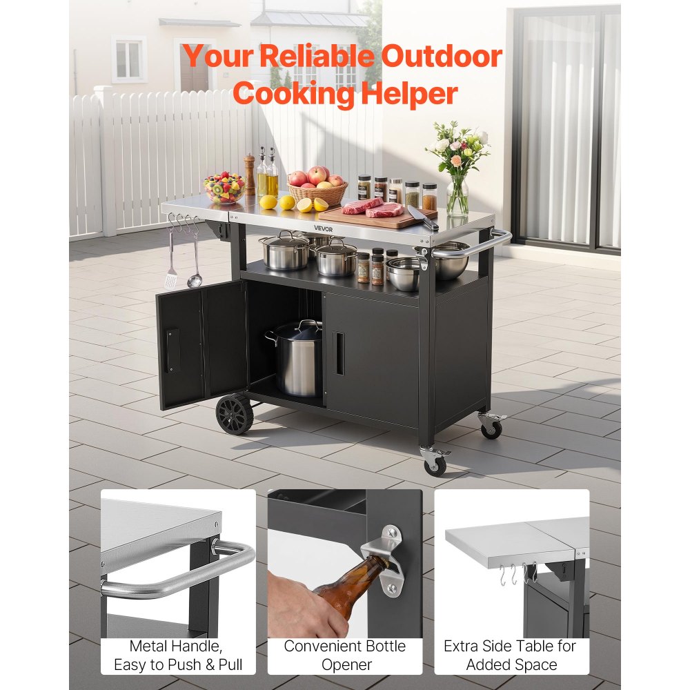 VEVOR Mesa de Barbacoa 1241 x 445 x 818 mm Tablero de Acero Inoxidable, Carrito de Cocina con Ruedas, Con Armario de Almacenamiento, Con Abridor de Botellas, Para Jardín, Bar, Zona de Barbacoa