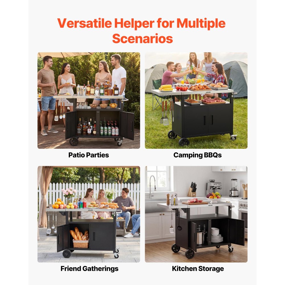 VEVOR Mesa de Barbacoa 1241 x 445 x 818 mm Tablero de Acero Inoxidable, Carrito de Cocina con Ruedas, Con Armario de Almacenamiento, Con Abridor de Botellas, Para Jardín, Bar, Zona de Barbacoa