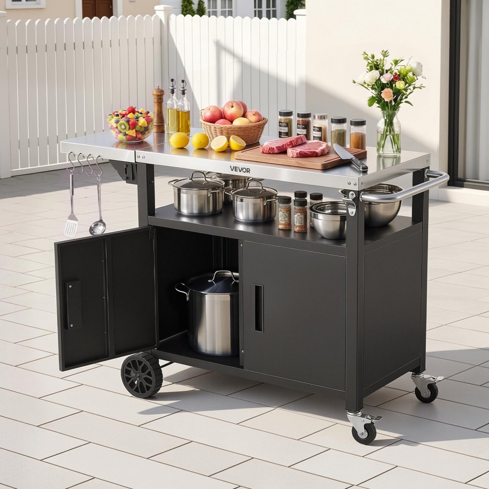 VEVOR Mesa de Barbacoa 1241 x 445 x 818 mm Tablero de Acero Inoxidable, Carrito de Cocina con Ruedas, Con Armario de Almacenamiento, Con Abridor de Botellas, Para Jardín, Bar, Zona de Barbacoa