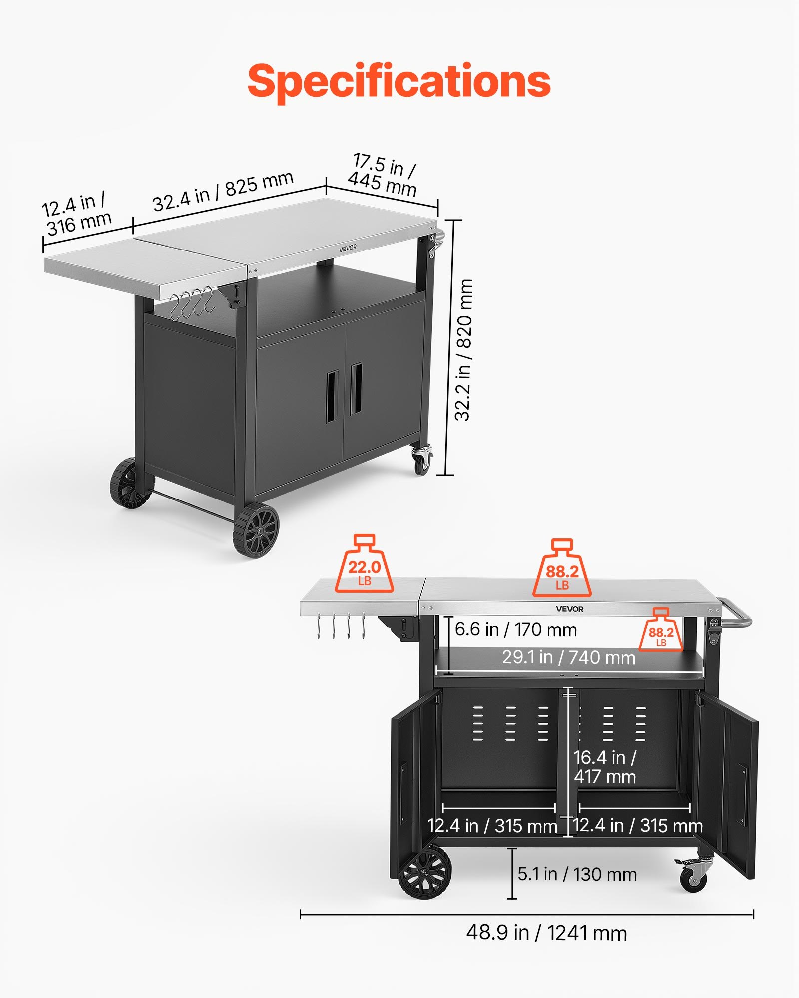 VEVOR Mesa de Barbacoa 1241 x 445 x 818 mm Tablero de Acero Inoxidable, Carrito de Cocina con Ruedas, Con Armario de Almacenamiento, Con Abridor de Botellas, Para Jardín, Bar, Zona de Barbacoa