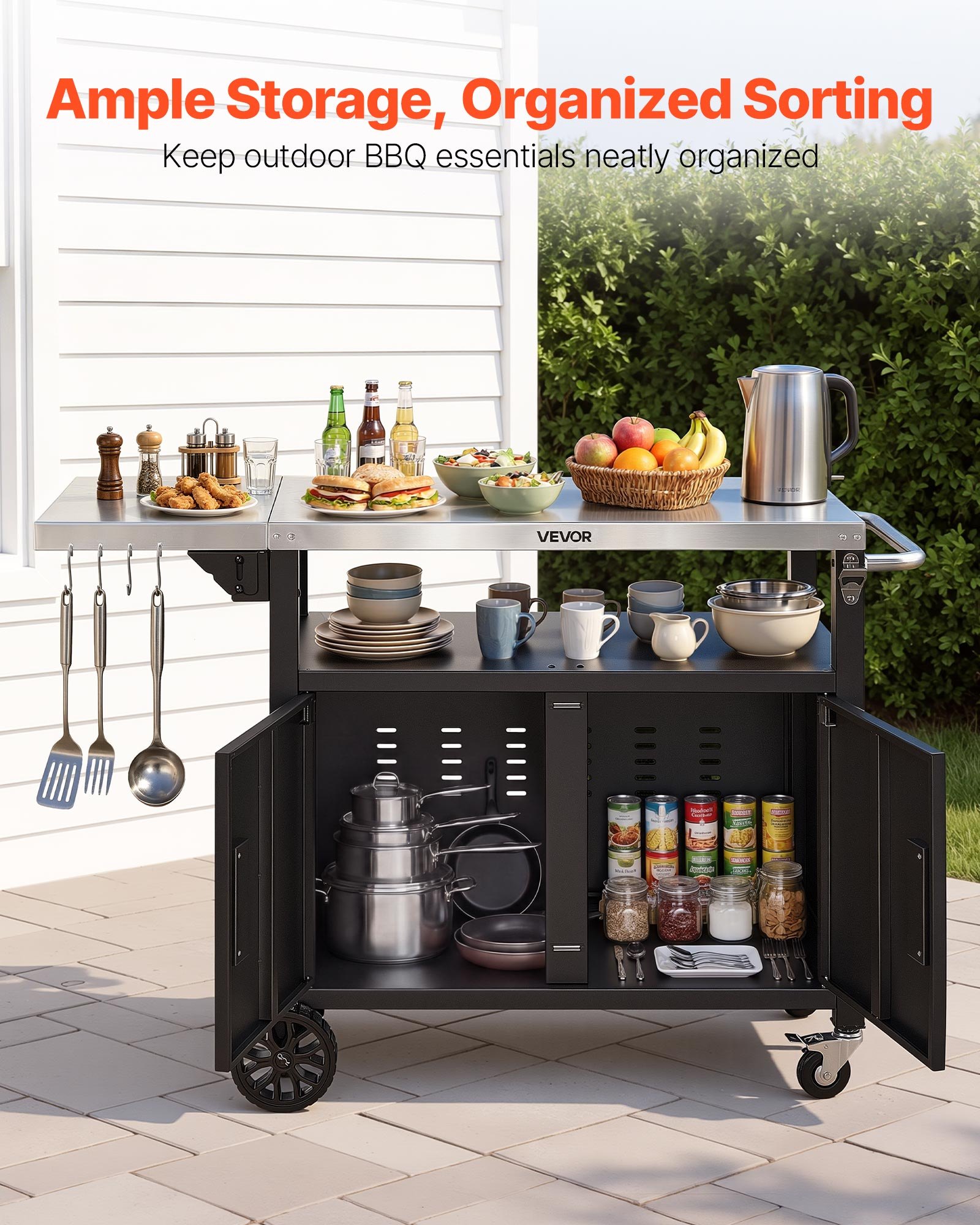 VEVOR Mesa de Barbacoa 1241 x 445 x 818 mm Tablero de Acero Inoxidable, Carrito de Cocina con Ruedas, Con Armario de Almacenamiento, Con Abridor de Botellas, Para Jardín, Bar, Zona de Barbacoa