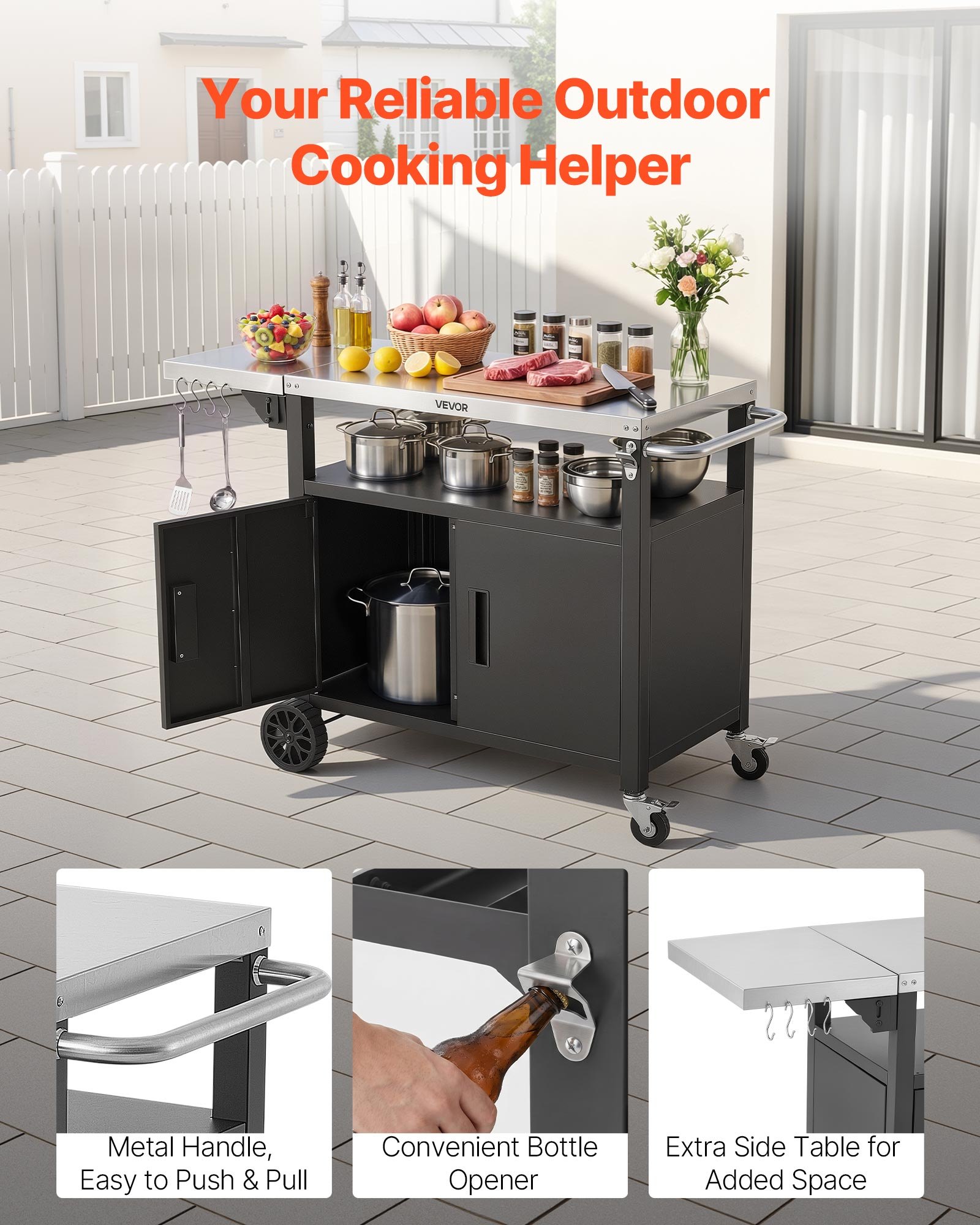 VEVOR Mesa de Barbacoa 1241 x 445 x 818 mm Tablero de Acero Inoxidable, Carrito de Cocina con Ruedas, Con Armario de Almacenamiento, Con Abridor de Botellas, Para Jardín, Bar, Zona de Barbacoa
