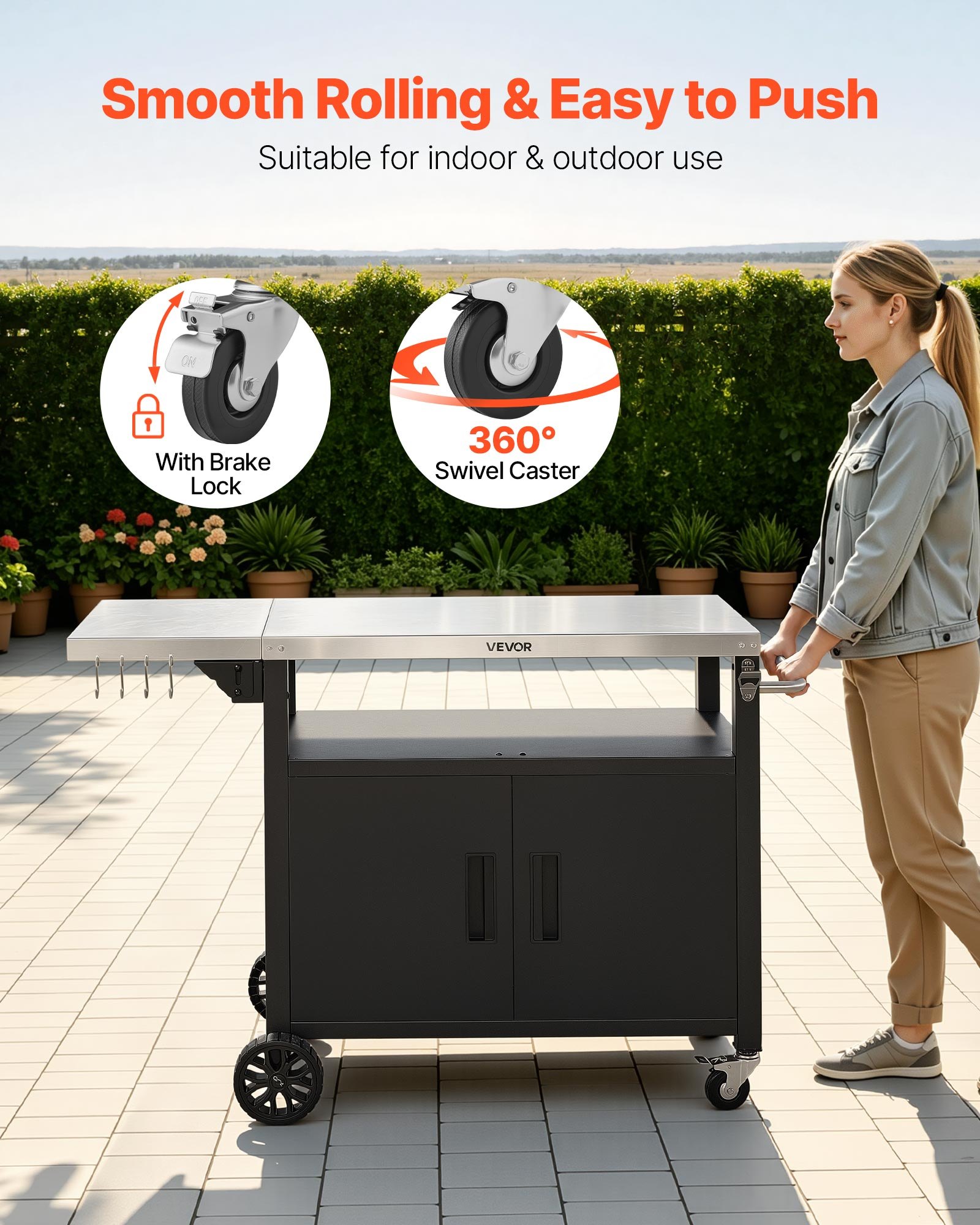 VEVOR Mesa de Barbacoa 1241 x 445 x 818 mm Tablero de Acero Inoxidable, Carrito de Cocina con Ruedas, Con Armario de Almacenamiento, Con Abridor de Botellas, Para Jardín, Bar, Zona de Barbacoa