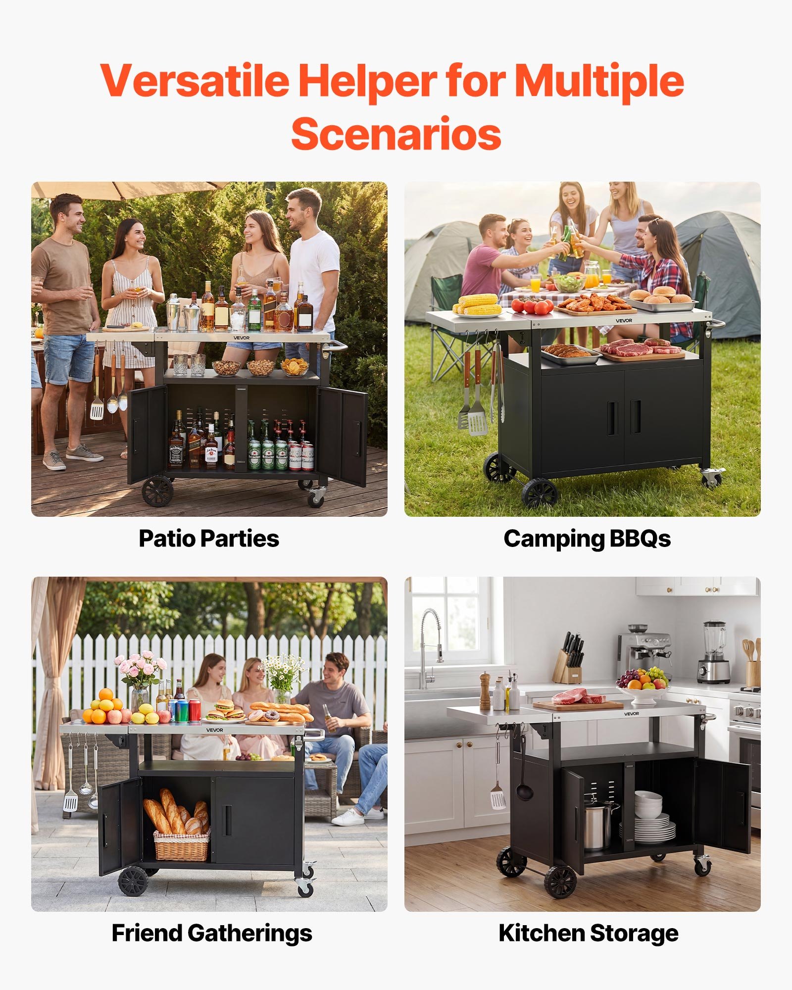 VEVOR Mesa de Barbacoa 1241 x 445 x 818 mm Tablero de Acero Inoxidable, Carrito de Cocina con Ruedas, Con Armario de Almacenamiento, Con Abridor de Botellas, Para Jardín, Bar, Zona de Barbacoa