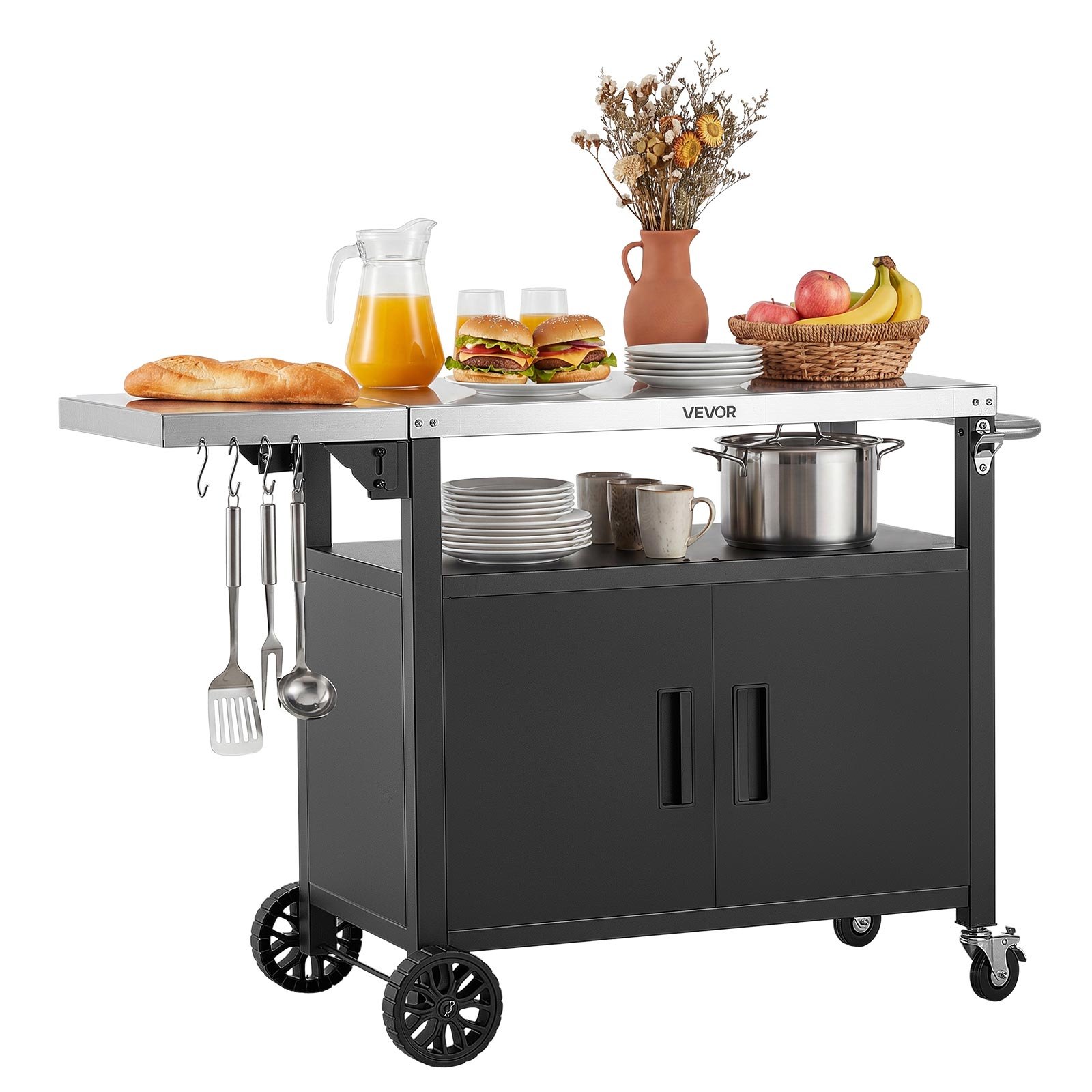 VEVOR Mesa de Barbacoa 1241 x 445 x 818 mm Tablero de Acero Inoxidable, Carrito de Cocina con Ruedas, Con Armario de Almacenamiento, Con Abridor de Botellas, Para Jardín, Bar, Zona de Barbacoa