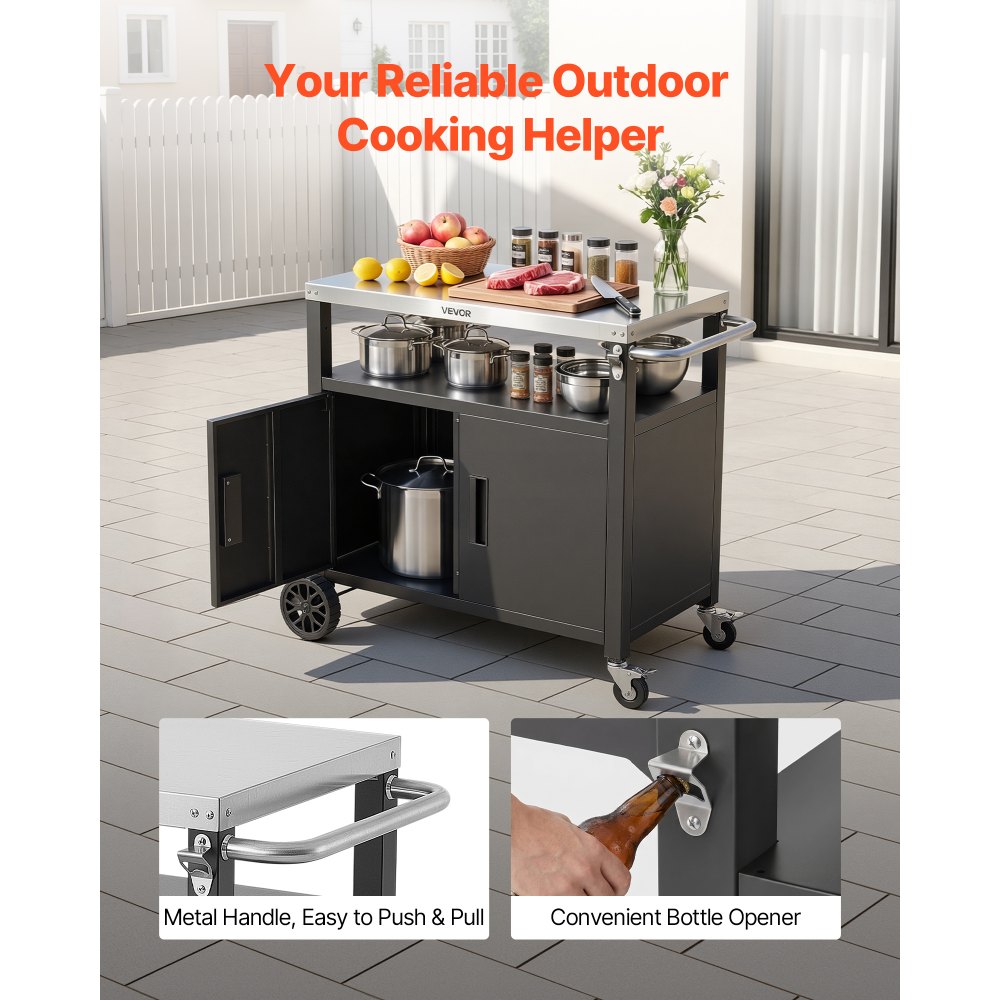 VEVOR Mesa de Barbacoa 924 x 445 x 818 mm Tablero de Acero Inoxidable, Carrito de Cocina con Ruedas, Con Armario de Almacenamiento, Con Abridor de Botellas, Para Jardín, Bar, Zona de Barbacoa