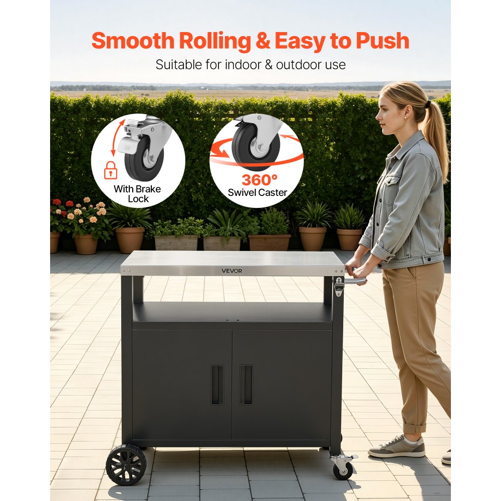 VEVOR Mesa de Barbacoa 924 x 445 x 818 mm Tablero de Acero Inoxidable, Carrito de Cocina con Ruedas, Con Armario de Almacenamiento, Con Abridor de Botellas, Para Jardín, Bar, Zona de Barbacoa