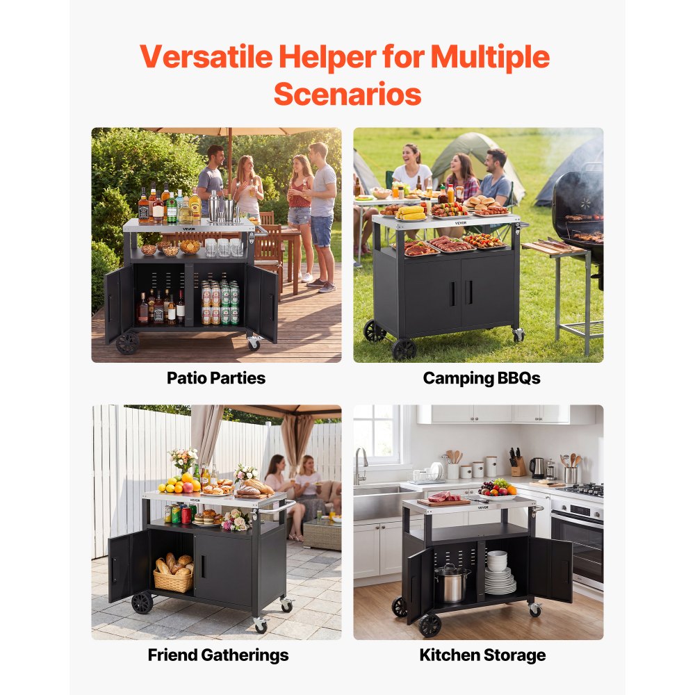 VEVOR Mesa de Barbacoa 924 x 445 x 818 mm Tablero de Acero Inoxidable, Carrito de Cocina con Ruedas, Con Armario de Almacenamiento, Con Abridor de Botellas, Para Jardín, Bar, Zona de Barbacoa