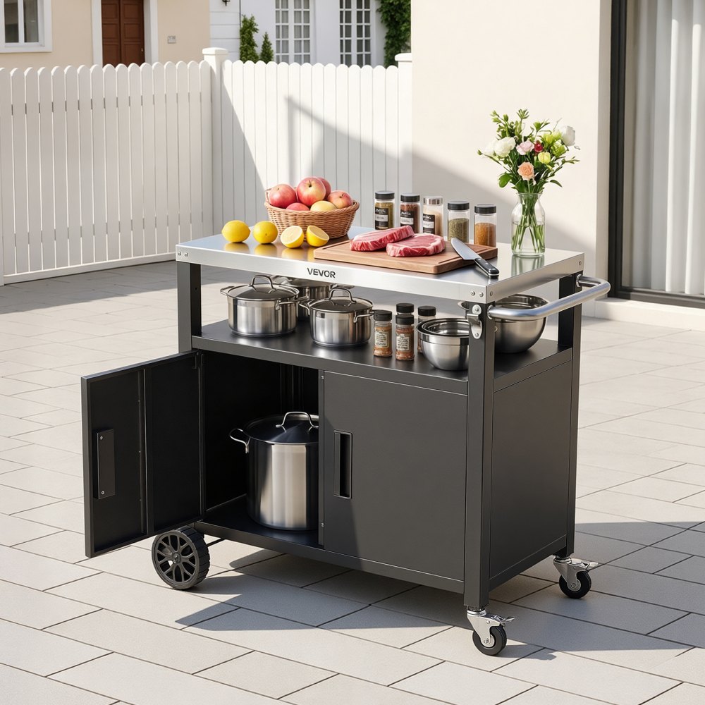 VEVOR Mesa de Barbacoa 924 x 445 x 818 mm Tablero de Acero Inoxidable, Carrito de Cocina con Ruedas, Con Armario de Almacenamiento, Con Abridor de Botellas, Para Jardín, Bar, Zona de Barbacoa