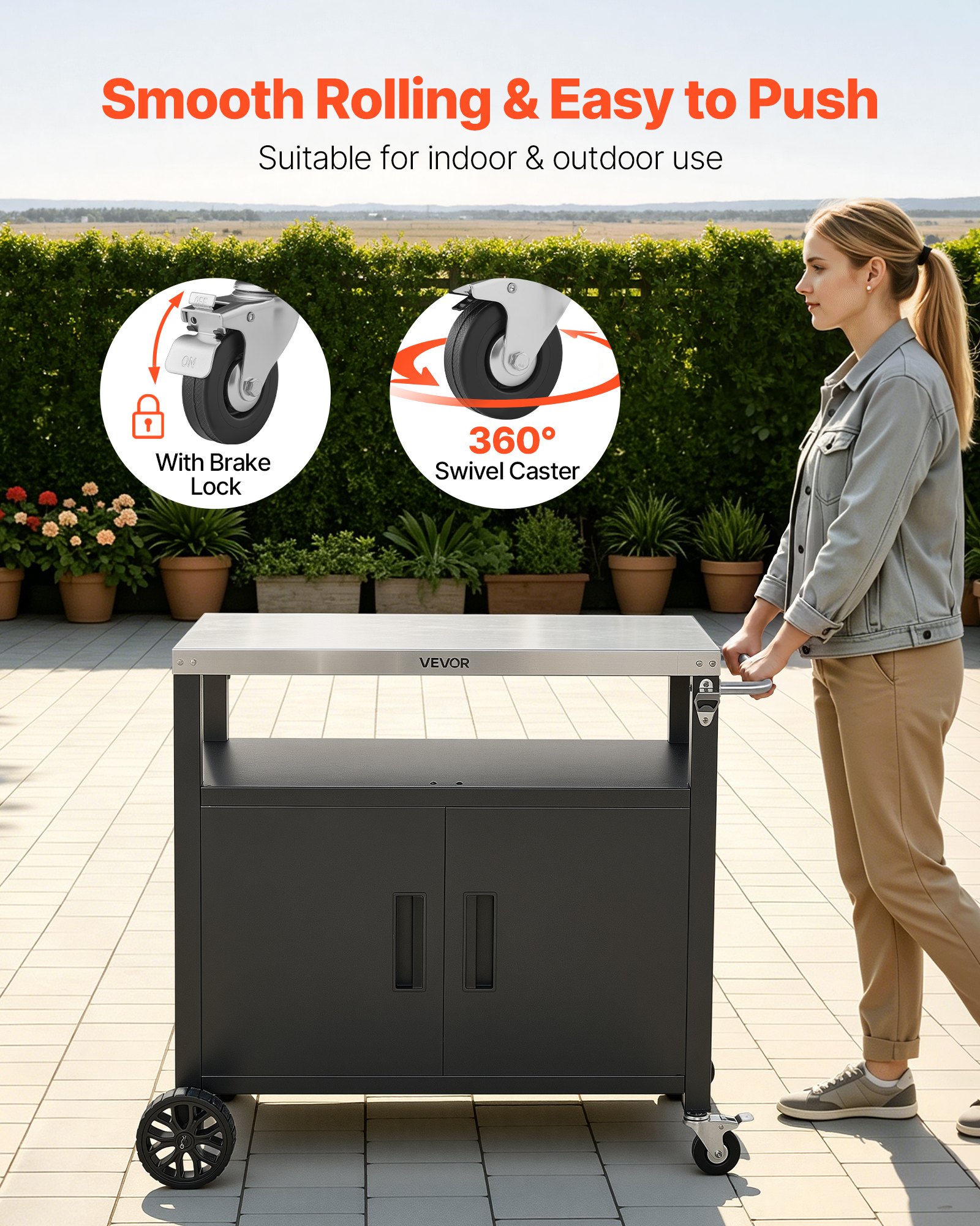 VEVOR Mesa de Barbacoa 924 x 445 x 818 mm Tablero de Acero Inoxidable, Carrito de Cocina con Ruedas, Con Armario de Almacenamiento, Con Abridor de Botellas, Para Jardín, Bar, Zona de Barbacoa