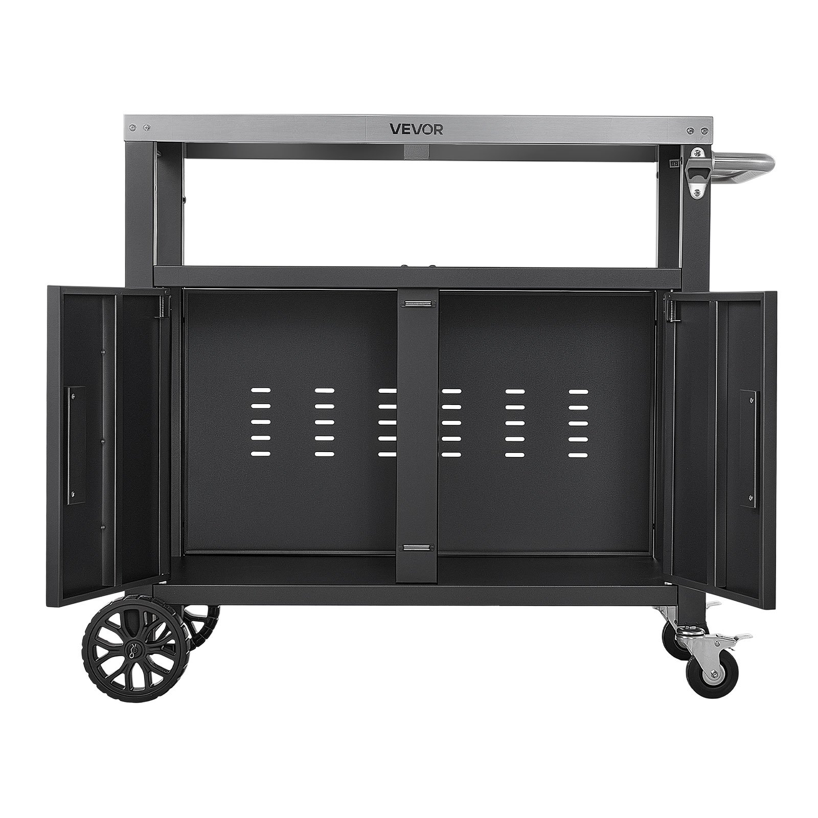 VEVOR Mesa de Barbacoa 924 x 445 x 818 mm Tablero de Acero Inoxidable, Carrito de Cocina con Ruedas, Con Armario de Almacenamiento, Con Abridor de Botellas, Para Jardín, Bar, Zona de Barbacoa