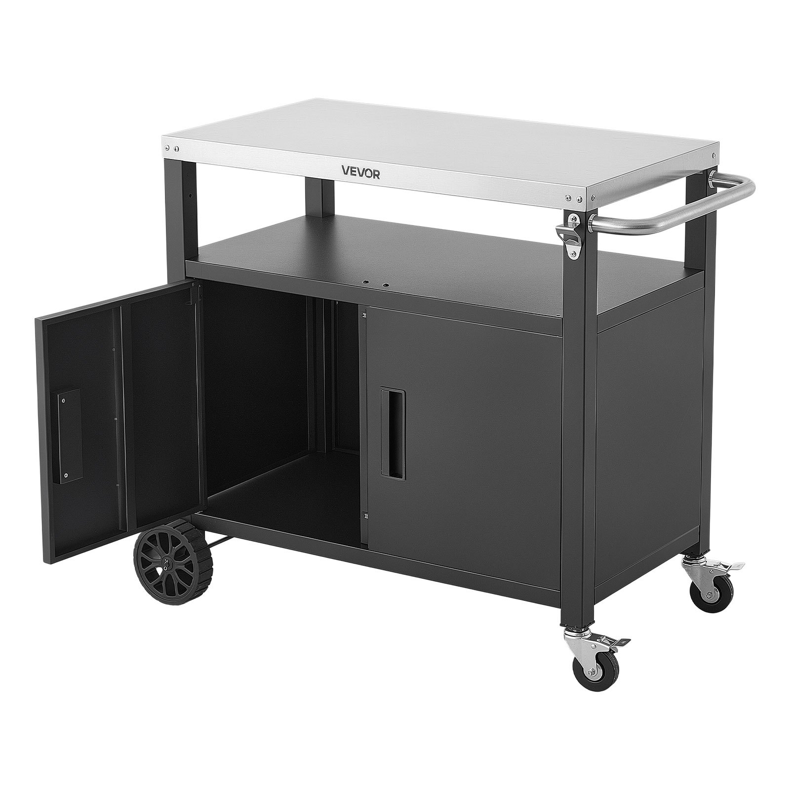 VEVOR Mesa de Barbacoa 924 x 445 x 818 mm Tablero de Acero Inoxidable, Carrito de Cocina con Ruedas, Con Armario de Almacenamiento, Con Abridor de Botellas, Para Jardín, Bar, Zona de Barbacoa