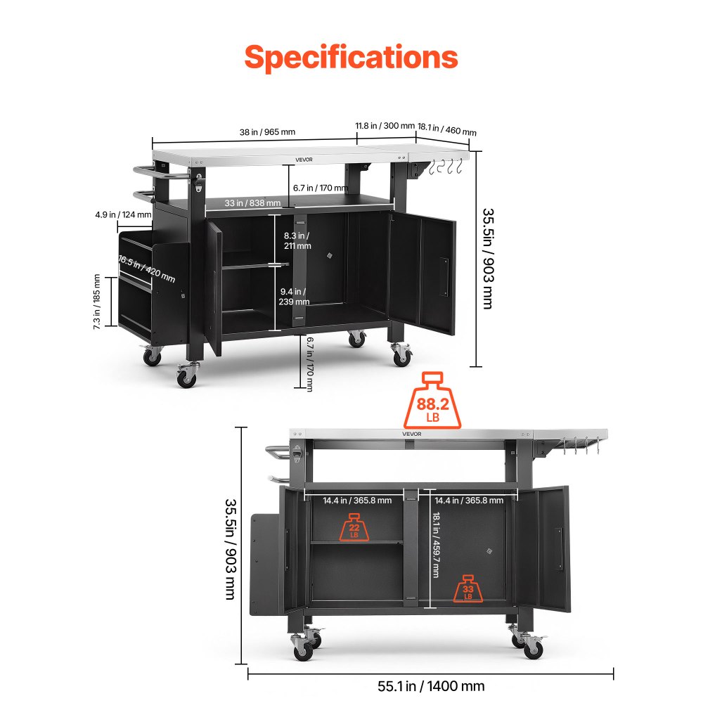 VEVOR Mesa de Barbacoa 140 x 46 x 90,2 cm Tablero de Acero Inoxidable, Carrito de Cocina con Ruedas, Con Armario de Almacenamiento, Con Toallero, Con Especiero, Para Jardín, Bar, Zona de Barbacoa