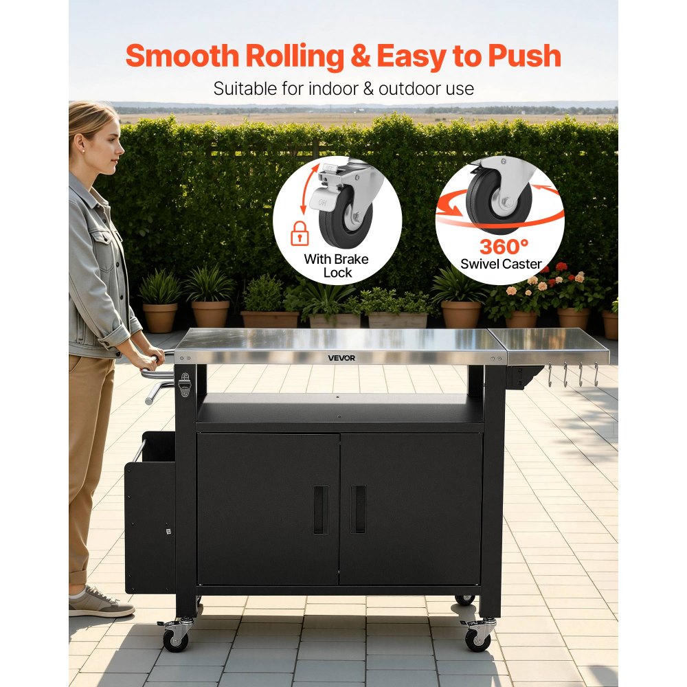 VEVOR Mesa de Barbacoa 140 x 46 x 90,2 cm Tablero de Acero Inoxidable, Carrito de Cocina con Ruedas, Con Armario de Almacenamiento, Con Toallero, Con Especiero, Para Jardín, Bar, Zona de Barbacoa